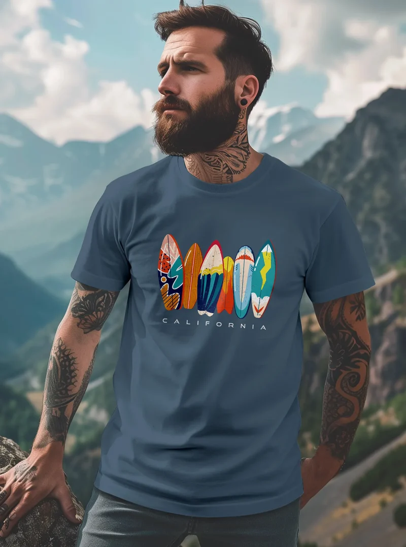 Herren T-Shirt California Surfboards Surfing Motiv Printshirt Brustprint Aufdruck Sommer Fashion Streetstyle