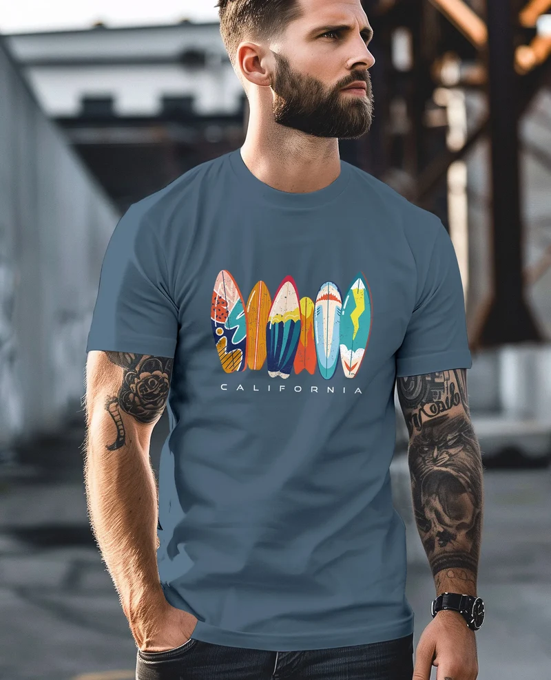 Herren T-Shirt California Surfboards Surfing Motiv Printshirt Brustprint Aufdruck Sommer Fashion Streetstyle