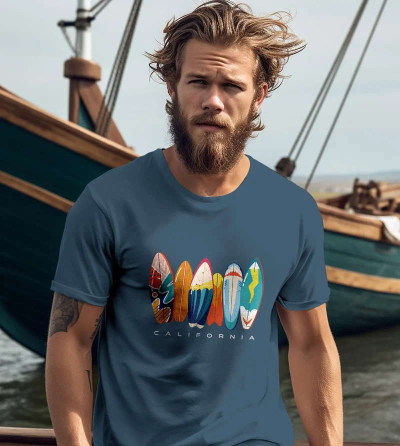 Herren T-Shirt California Surfboards Surfing Motiv Printshirt Brustprint Aufdruck Sommer Fashion Streetstyle