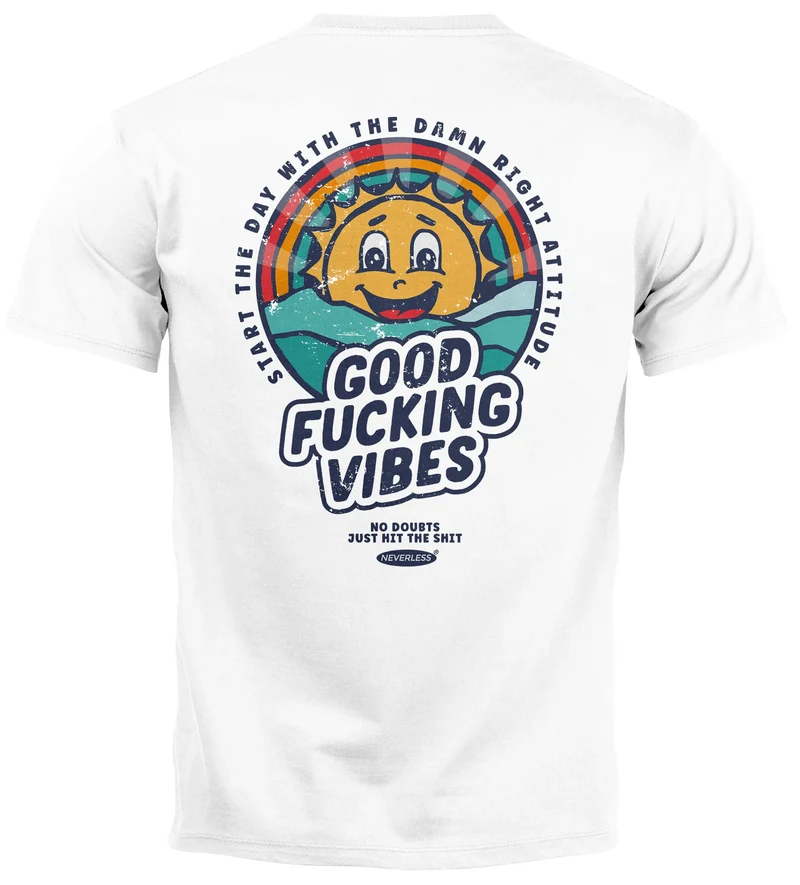 Backprint TShirt Herren Good Vibes Schriftzug Sommer Sonne Retro Vintage Printshirt mit Brustlogo Fashion Streetstyle