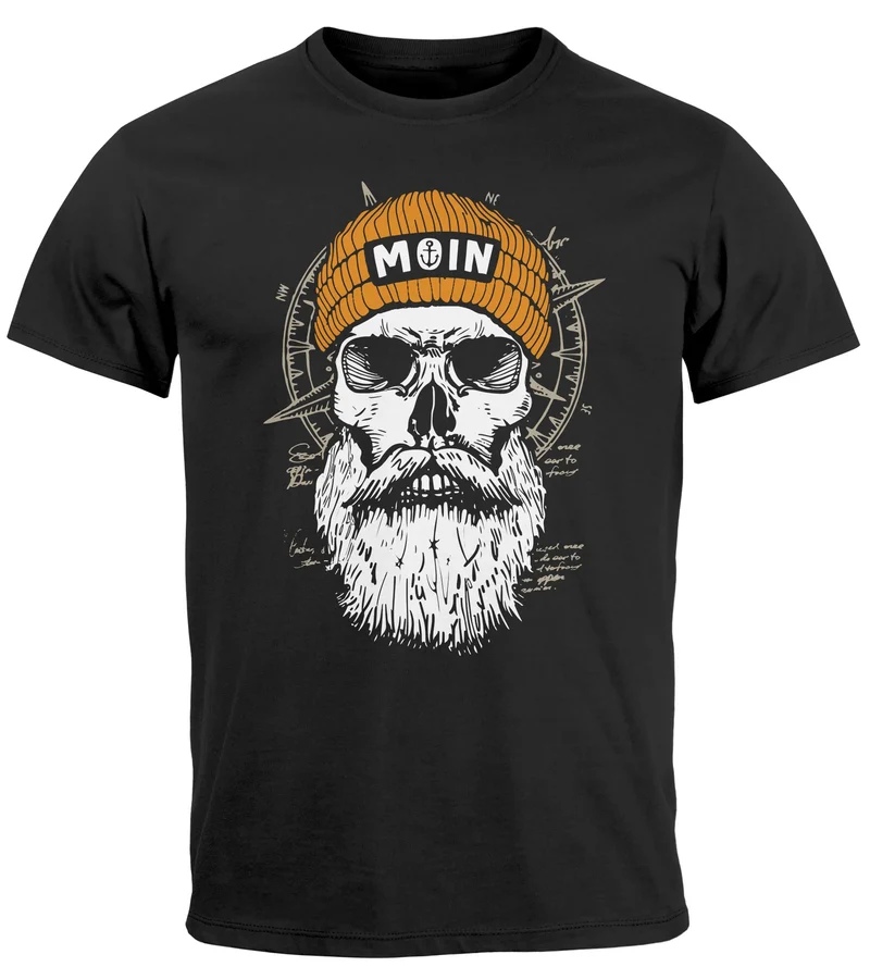Herren T-Shirt Printshirt Moin Skull Windrose Kompass Totenkopf Frontprint Fashion Streetstyle