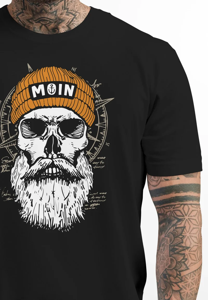 Herren T-Shirt Printshirt Moin Skull Windrose Kompass Totenkopf Frontprint Fashion Streetstyle