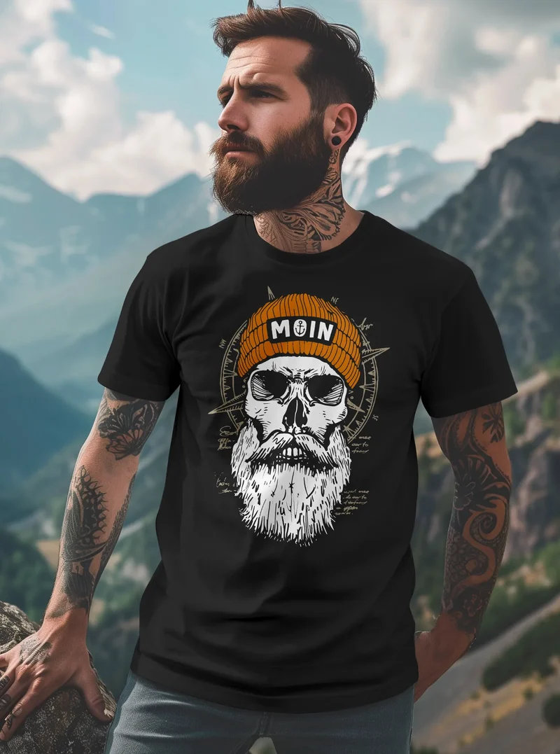 Herren T-Shirt Printshirt Moin Skull Windrose Kompass Totenkopf Frontprint Fashion Streetstyle