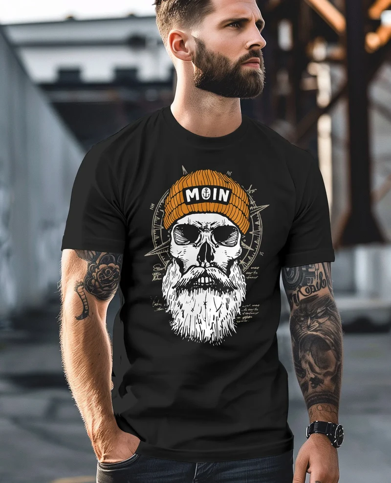 Herren T-Shirt Printshirt Moin Skull Windrose Kompass Totenkopf Frontprint Fashion Streetstyle