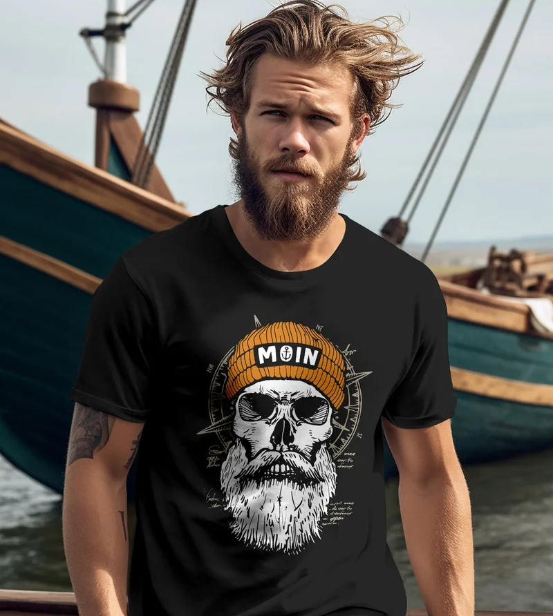 Herren T-Shirt Printshirt Moin Skull Windrose Kompass Totenkopf Frontprint Fashion Streetstyle