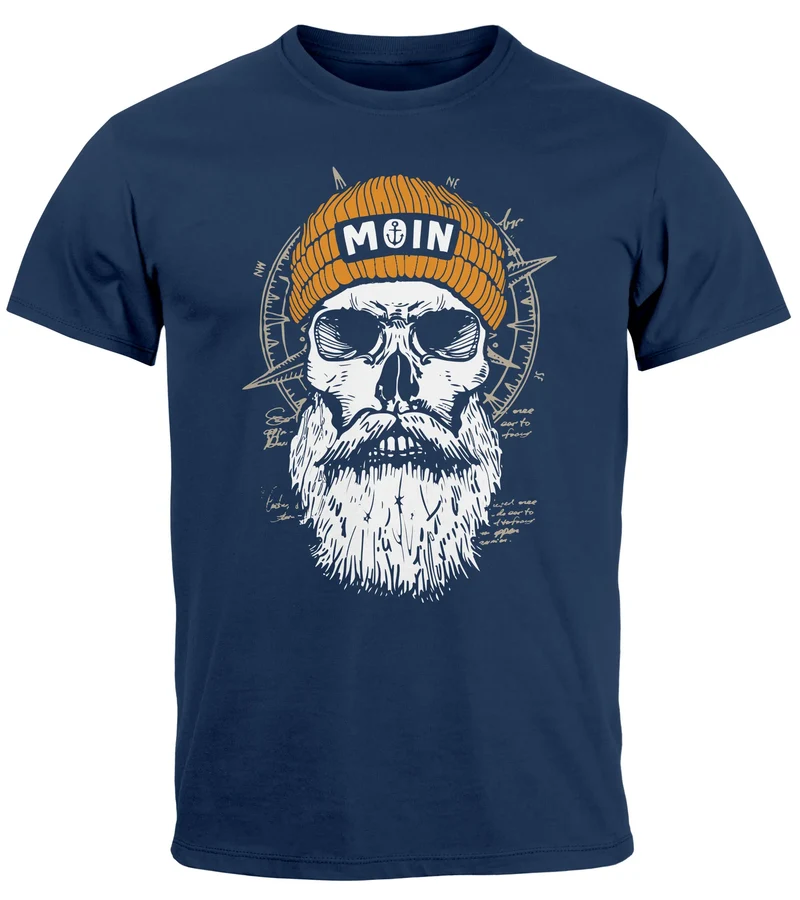 Herren T-Shirt Printshirt Moin Skull Windrose Kompass Totenkopf Frontprint Fashion Streetstyle