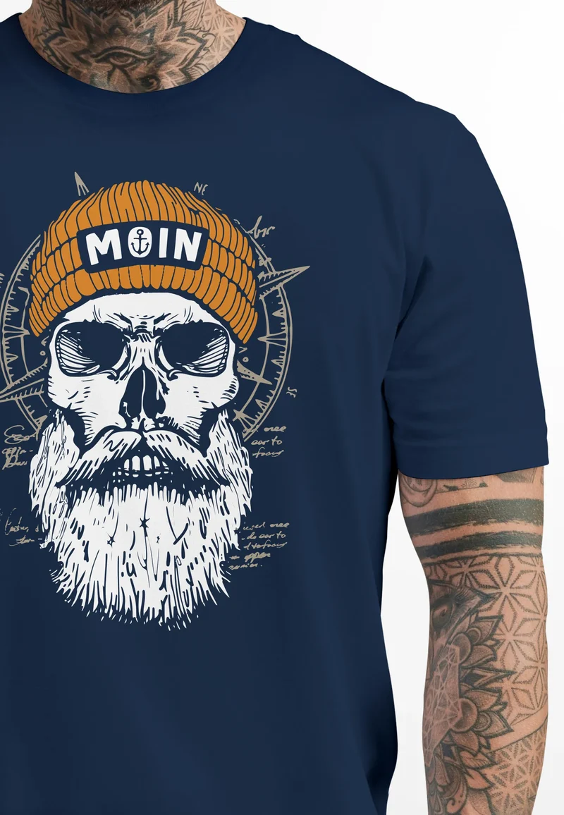 Herren T-Shirt Printshirt Moin Skull Windrose Kompass Totenkopf Frontprint Fashion Streetstyle