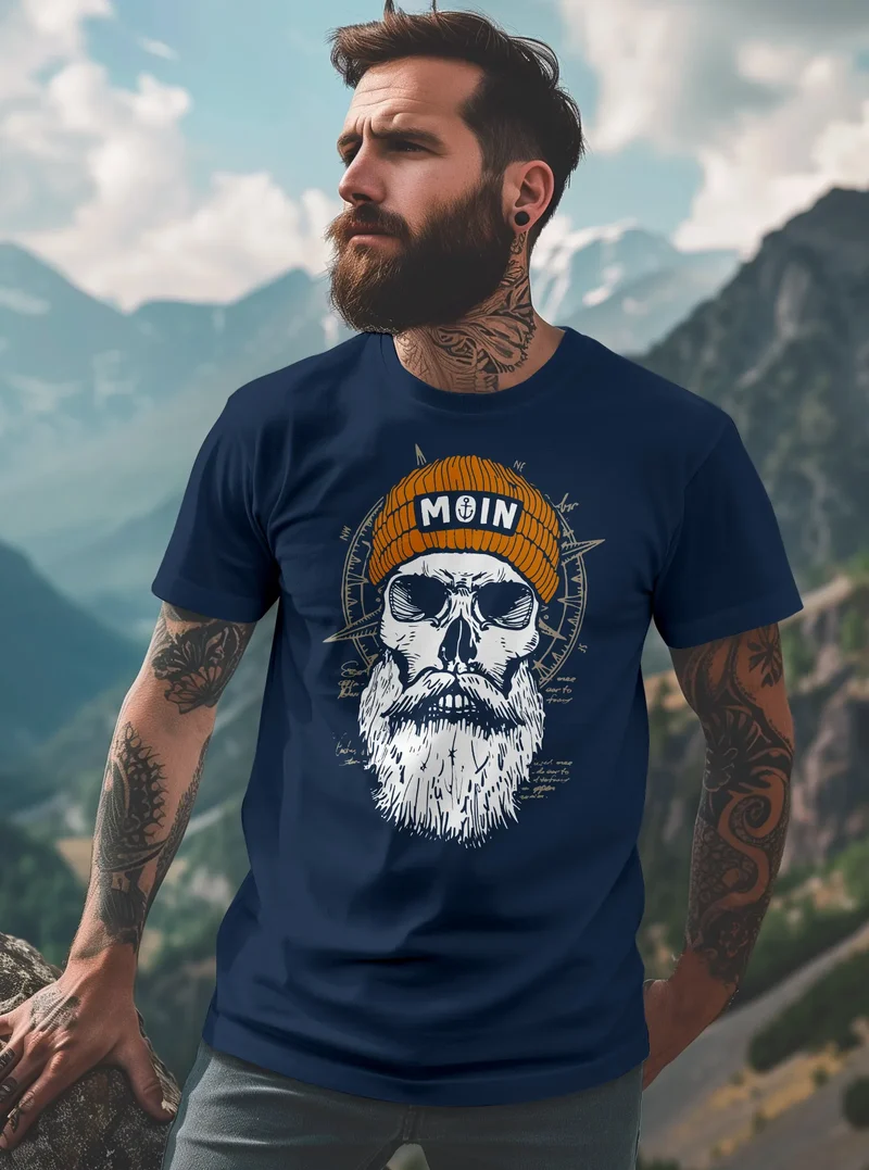 Herren T-Shirt Printshirt Moin Skull Windrose Kompass Totenkopf Frontprint Fashion Streetstyle