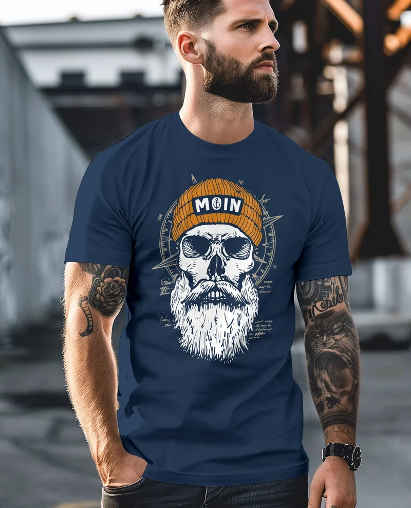 Herren T-Shirt Printshirt Moin Skull Windrose Kompass Totenkopf Frontprint Fashion Streetstyle