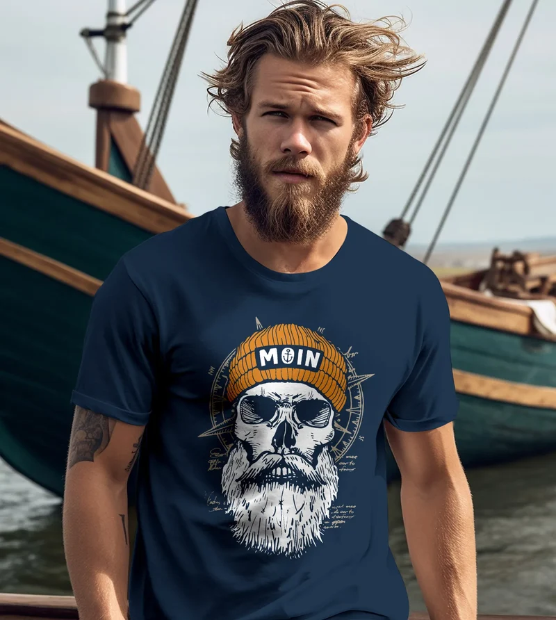 Herren T-Shirt Printshirt Moin Skull Windrose Kompass Totenkopf Frontprint Fashion Streetstyle