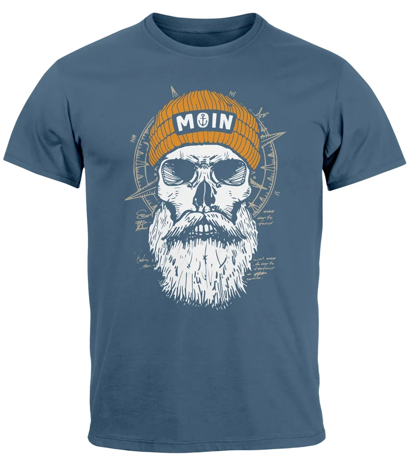 Herren T-Shirt Printshirt Moin Skull Windrose Kompass Totenkopf Frontprint Fashion Streetstyle