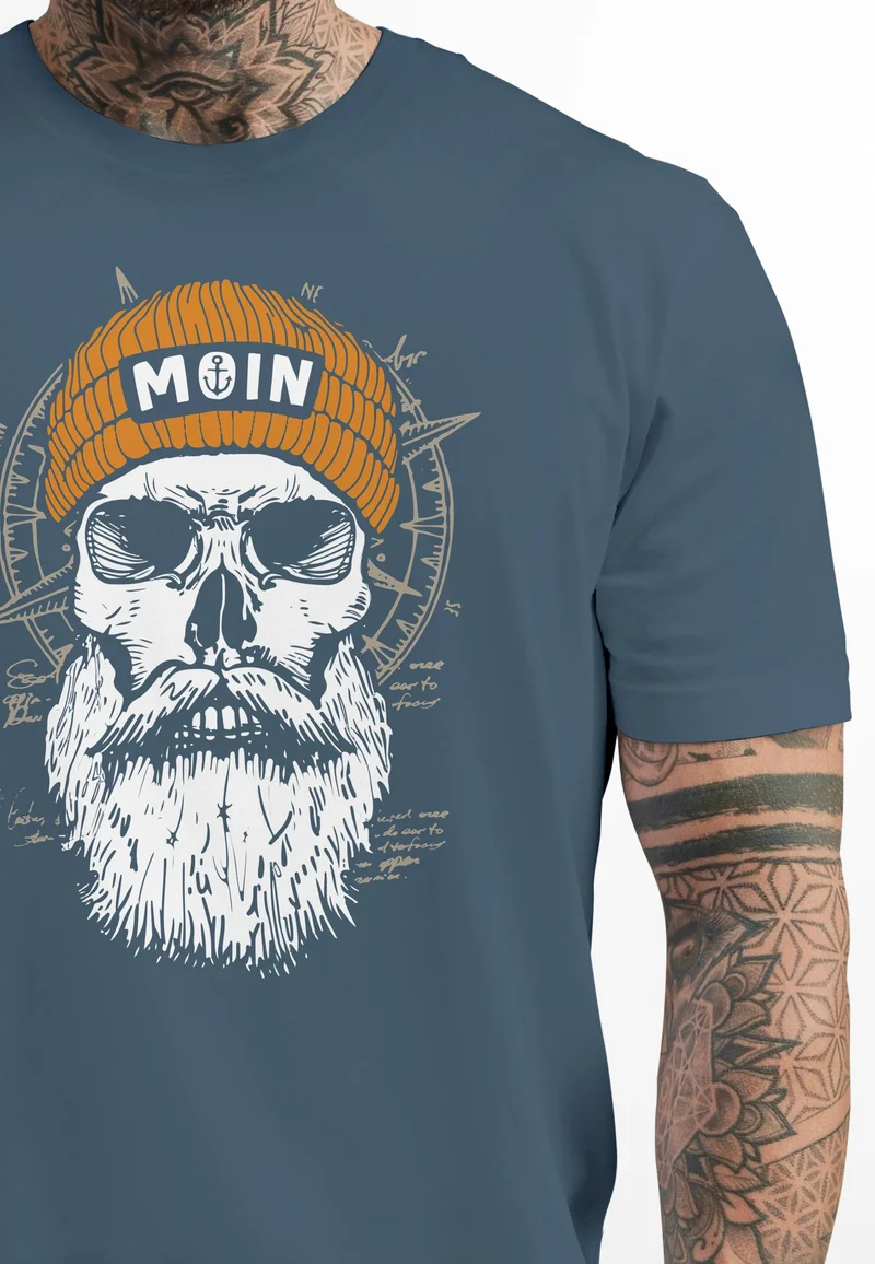 Herren T-Shirt Printshirt Moin Skull Windrose Kompass Totenkopf Frontprint Fashion Streetstyle