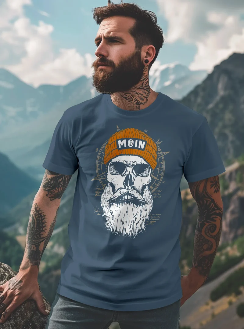 Herren T-Shirt Printshirt Moin Skull Windrose Kompass Totenkopf Frontprint Fashion Streetstyle