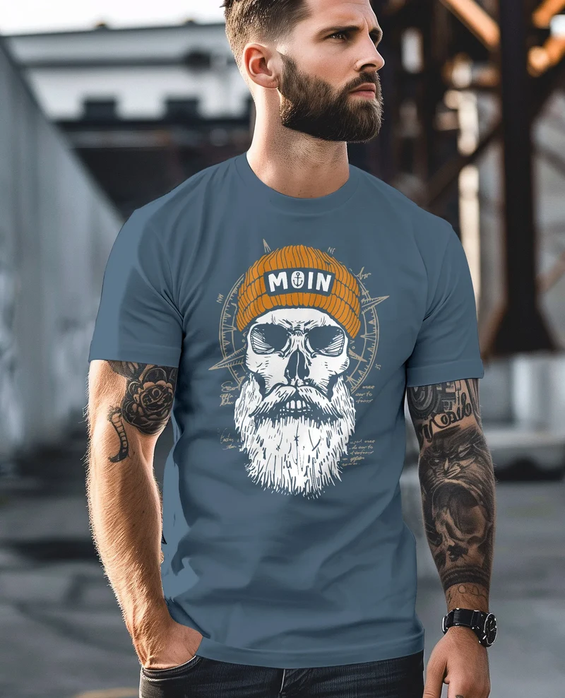 Herren T-Shirt Printshirt Moin Skull Windrose Kompass Totenkopf Frontprint Fashion Streetstyle