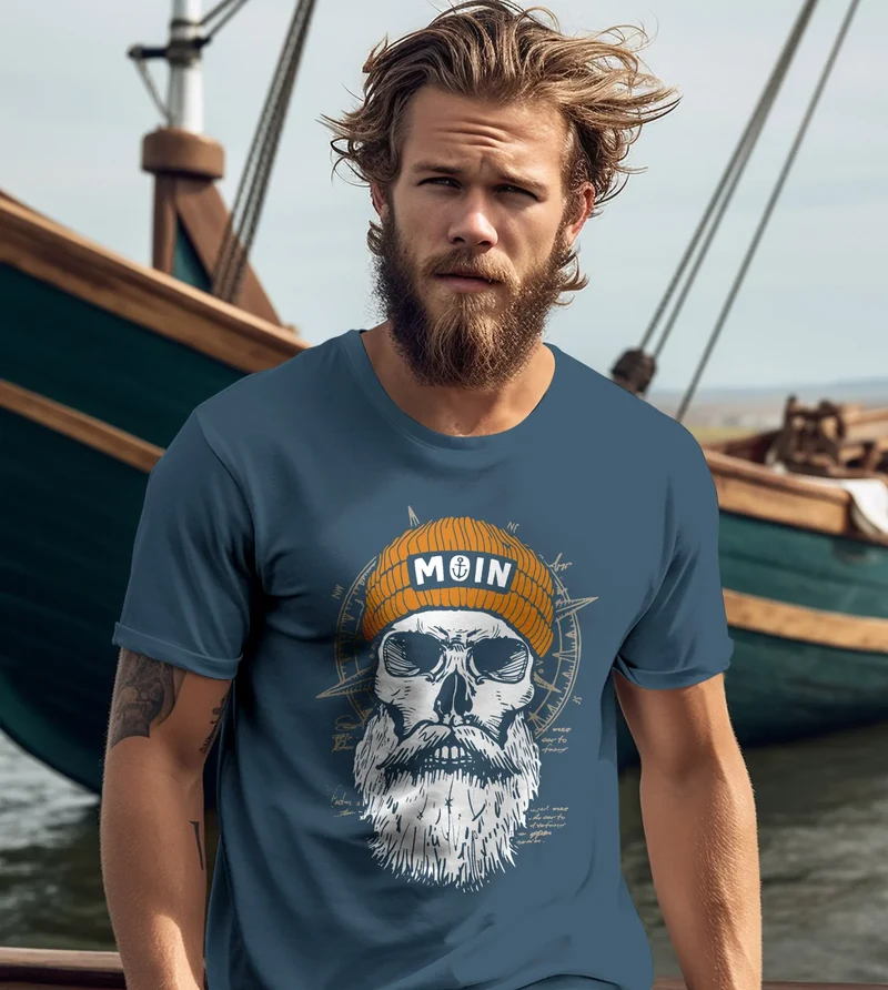 Herren T-Shirt Printshirt Moin Skull Windrose Kompass Totenkopf Frontprint Fashion Streetstyle