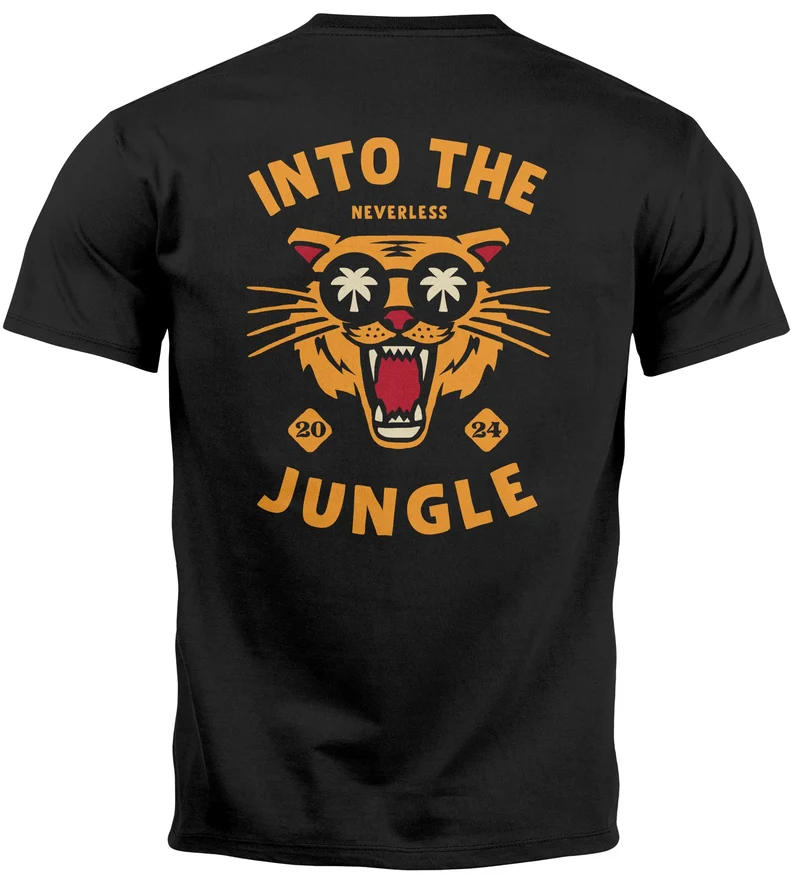 Herren T-Shirt Backprint Tiger Spruch Into the Jungle Palme Sommer Retro Design Fashion Streetstyle