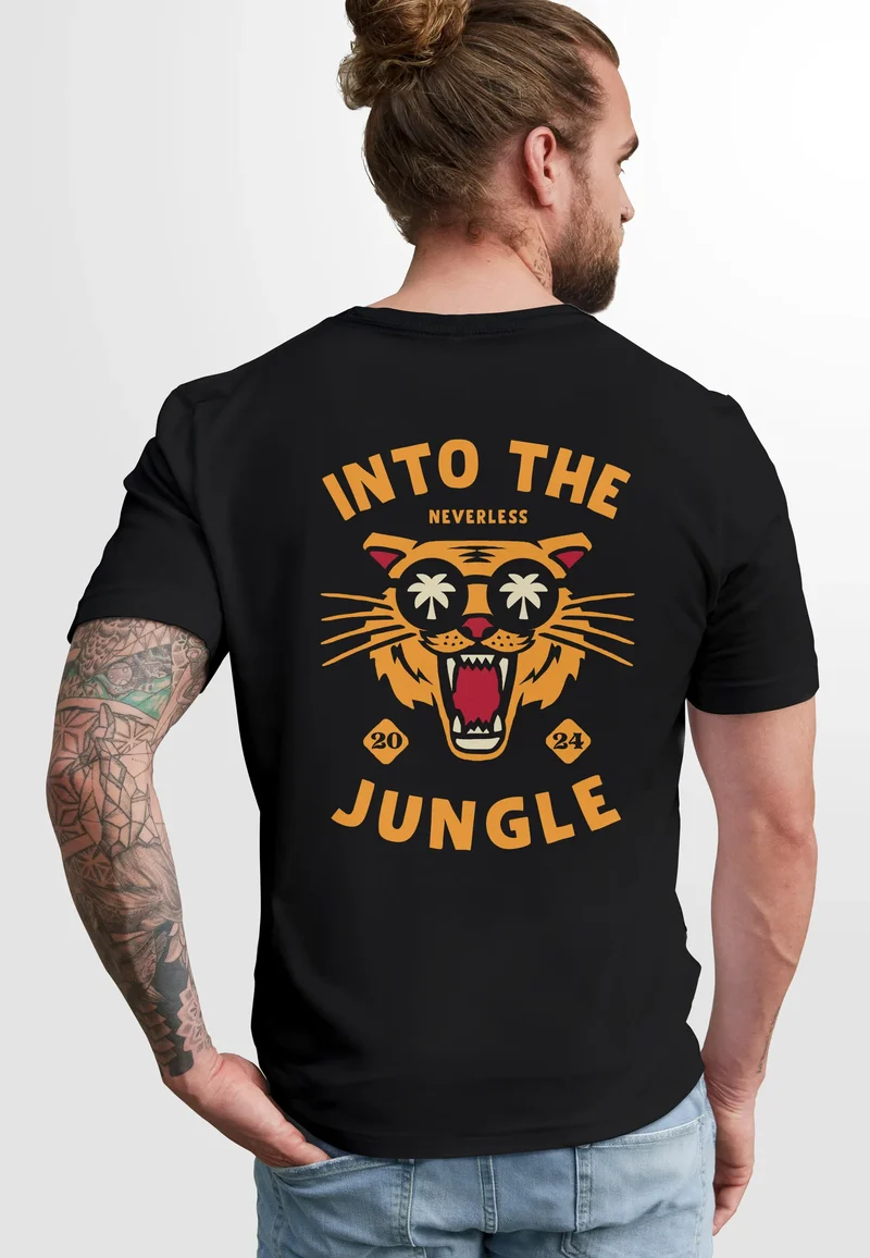 Herren T-Shirt Backprint Tiger Spruch Into the Jungle Palme Sommer Retro Design Fashion Streetstyle