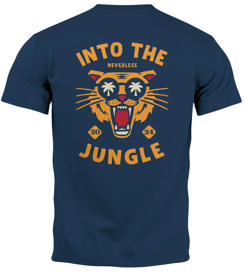 Herren T-Shirt Backprint Tiger Spruch Into the Jungle Palme Sommer Retro Design Fashion Streetstyle