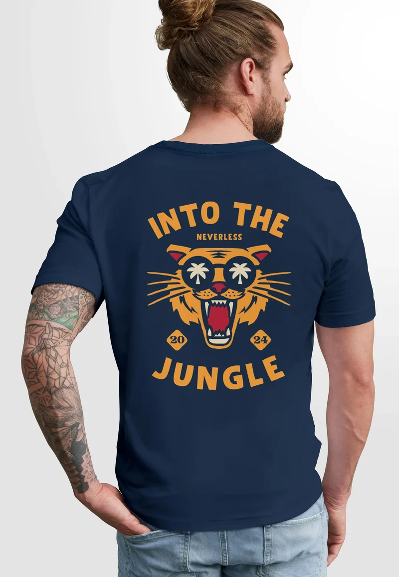 Herren T-Shirt Backprint Tiger Spruch Into the Jungle Palme Sommer Retro Design Fashion Streetstyle