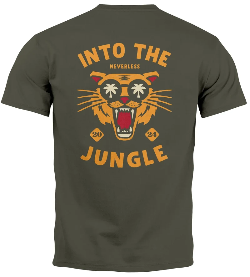 Herren T-Shirt Backprint Tiger Spruch Into the Jungle Palme Sommer Retro Design Fashion Streetstyle