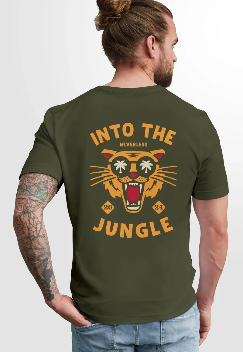 Herren T-Shirt Backprint Tiger Spruch Into the Jungle Palme Sommer Retro Design Fashion Streetstyle