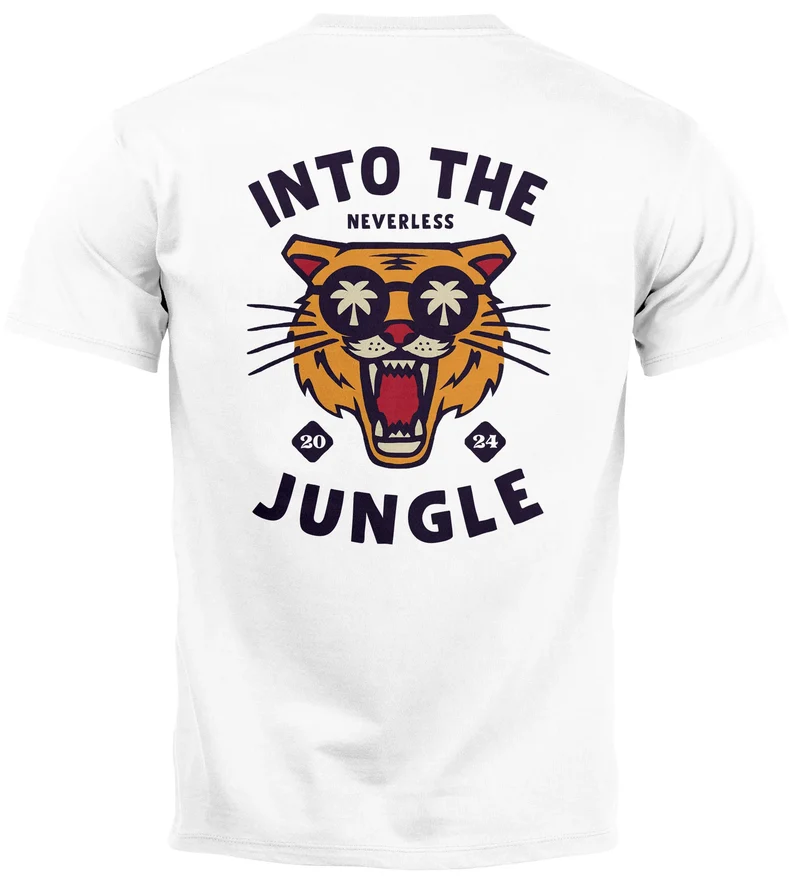 Herren T-Shirt Backprint Tiger Spruch Into the Jungle Palme Sommer Retro Design Fashion Streetstyle
