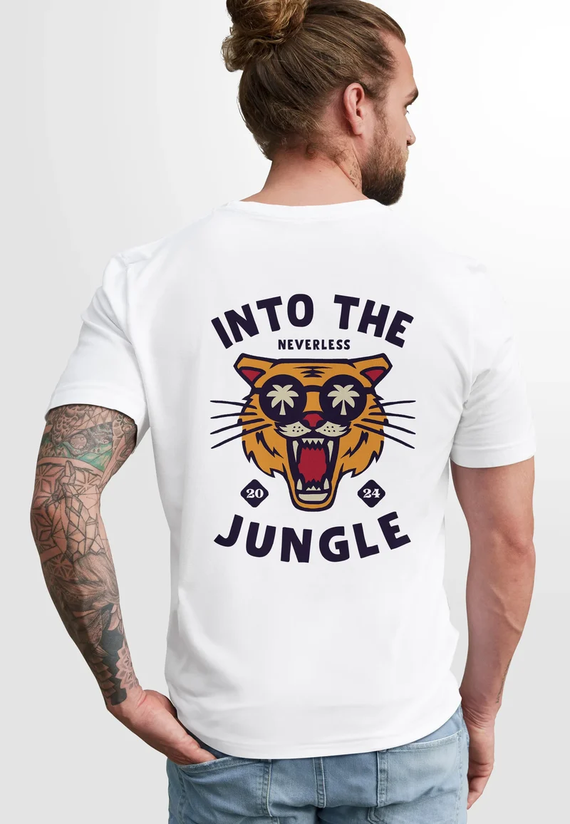 Herren T-Shirt Backprint Tiger Spruch Into the Jungle Palme Sommer Retro Design Fashion Streetstyle