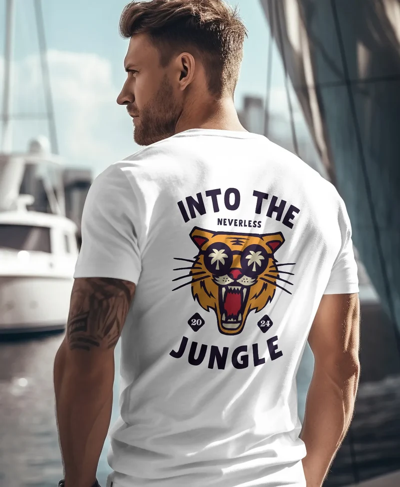 Herren T-Shirt Backprint Tiger Spruch Into the Jungle Palme Sommer Retro Design Fashion Streetstyle