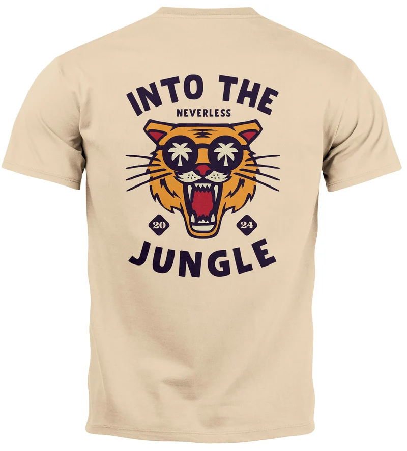 Herren T-Shirt Backprint Tiger Spruch Into the Jungle Palme Sommer Retro Design Fashion Streetstyle