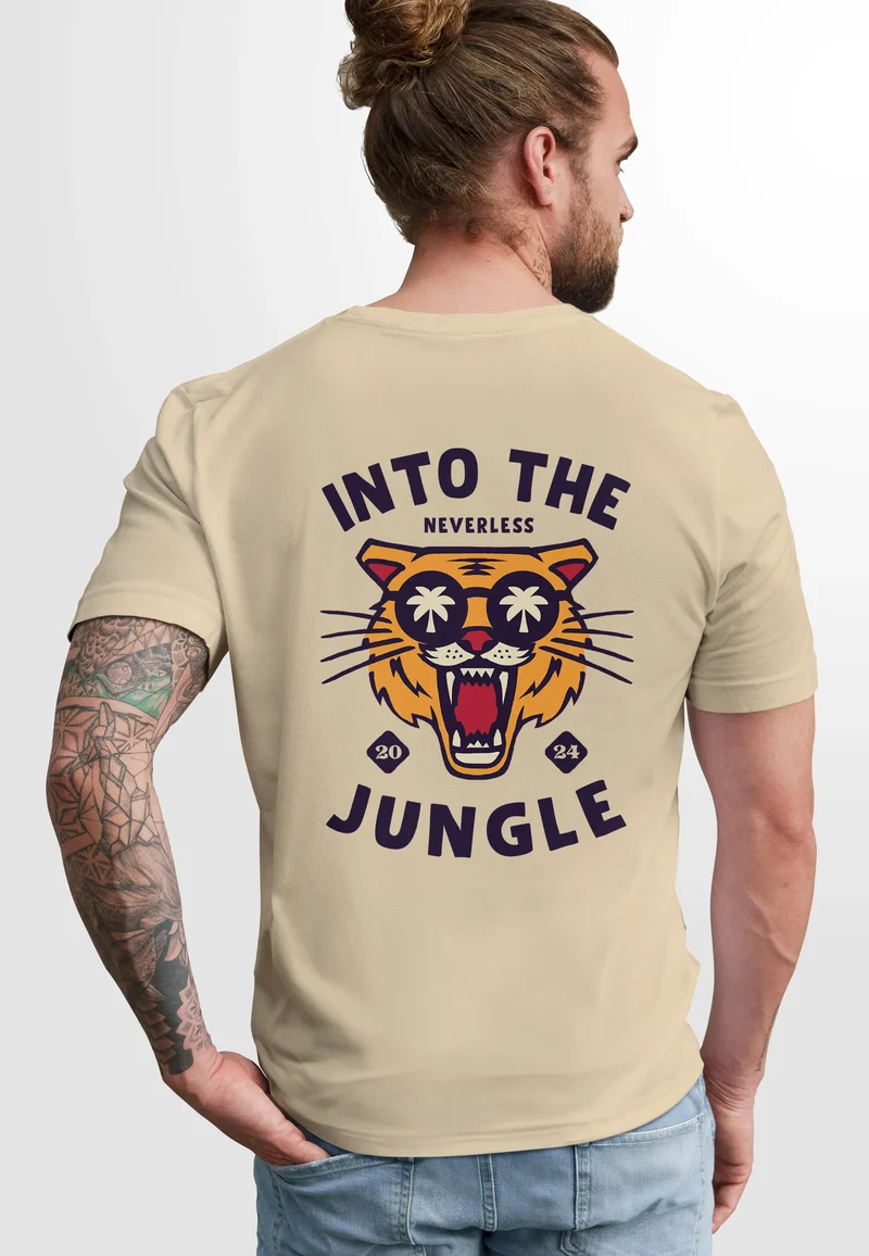 Herren T-Shirt Backprint Tiger Spruch Into the Jungle Palme Sommer Retro Design Fashion Streetstyle