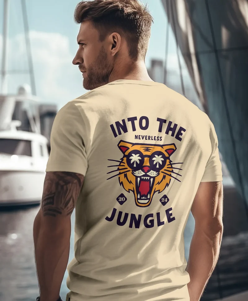 Herren T-Shirt Backprint Tiger Spruch Into the Jungle Palme Sommer Retro Design Fashion Streetstyle