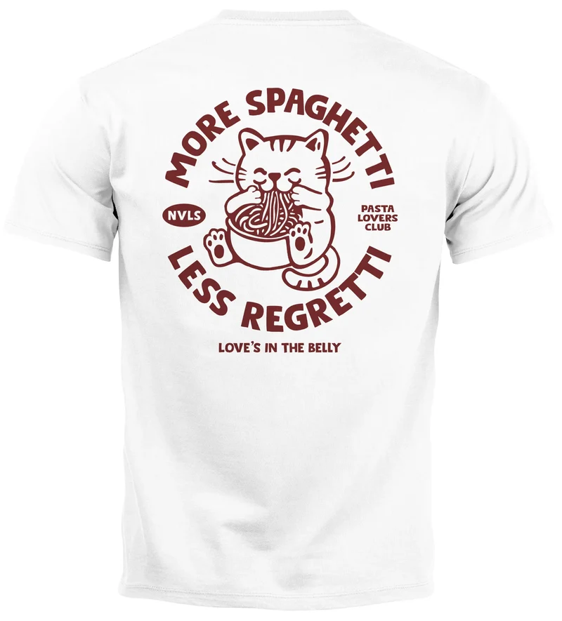 Herren T-Shirt Backprint Katze Rückendruck Brustloge Pasta Lovers Fashion Streetstyle