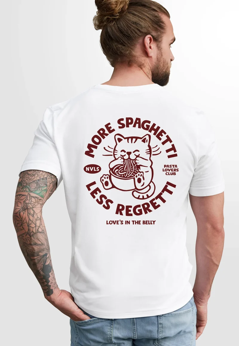 Herren T-Shirt Backprint Katze Rückendruck Brustloge Pasta Lovers Fashion Streetstyle