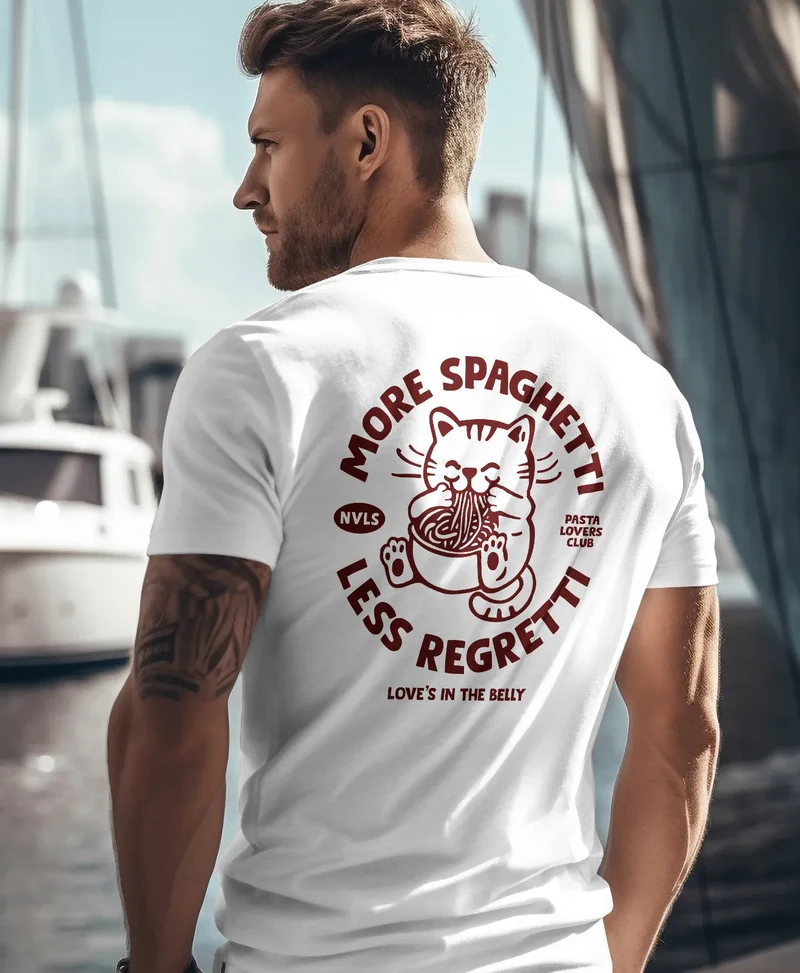 Herren T-Shirt Backprint Katze Rückendruck Brustloge Pasta Lovers Fashion Streetstyle