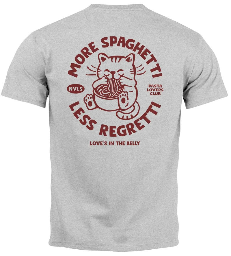 Herren T-Shirt Backprint Katze Rückendruck Brustloge Pasta Lovers Fashion Streetstyle