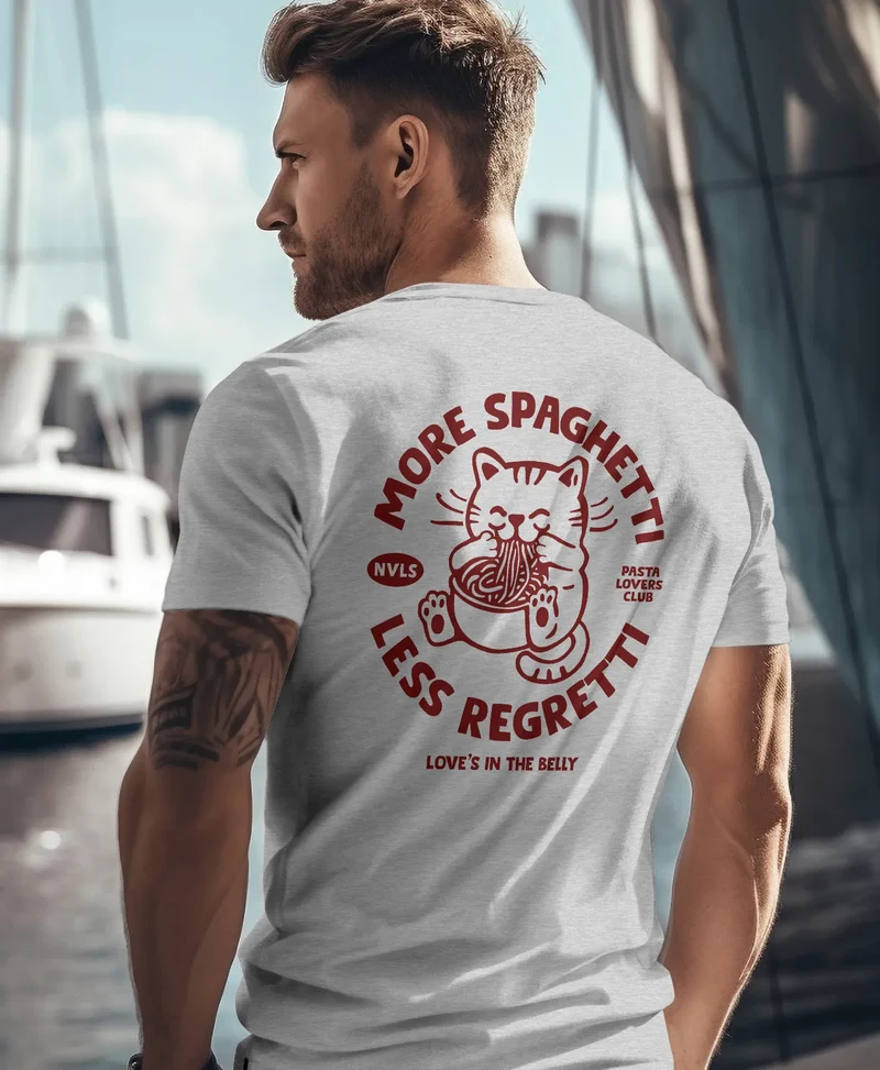 Herren T-Shirt Backprint Katze Rückendruck Brustloge Pasta Lovers Fashion Streetstyle