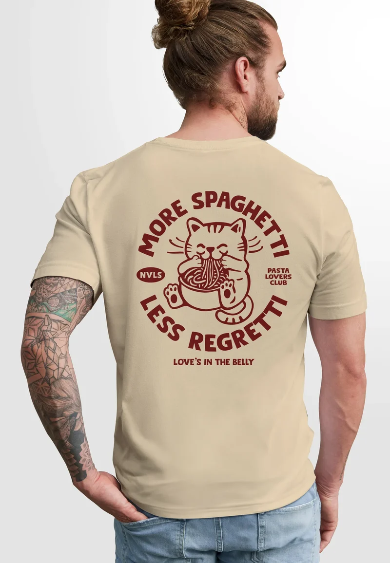 Herren T-Shirt Backprint Katze Rückendruck Brustloge Pasta Lovers Fashion Streetstyle