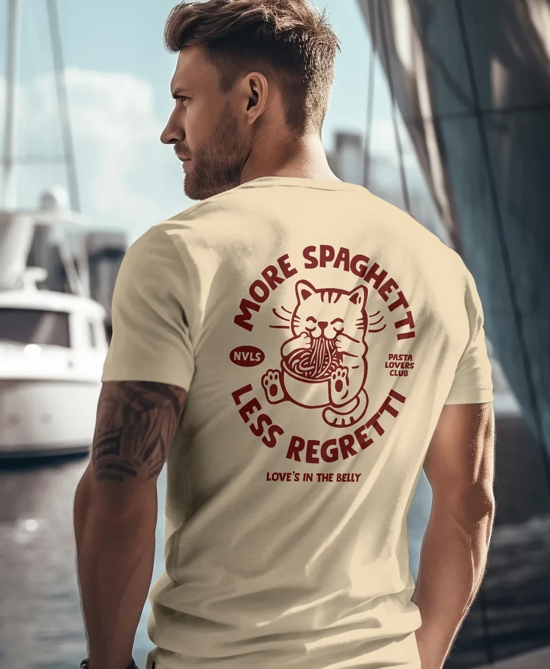 Herren T-Shirt Backprint Katze Rückendruck Brustloge Pasta Lovers Fashion Streetstyle