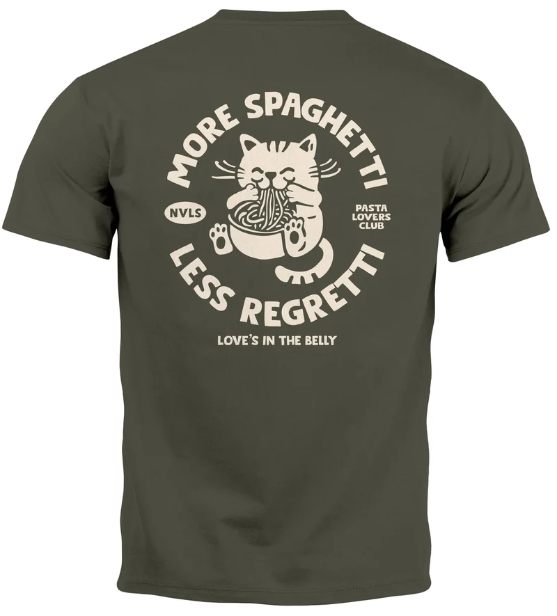 Herren T-Shirt Backprint Katze Rückendruck Brustloge Pasta Lovers Fashion Streetstyle