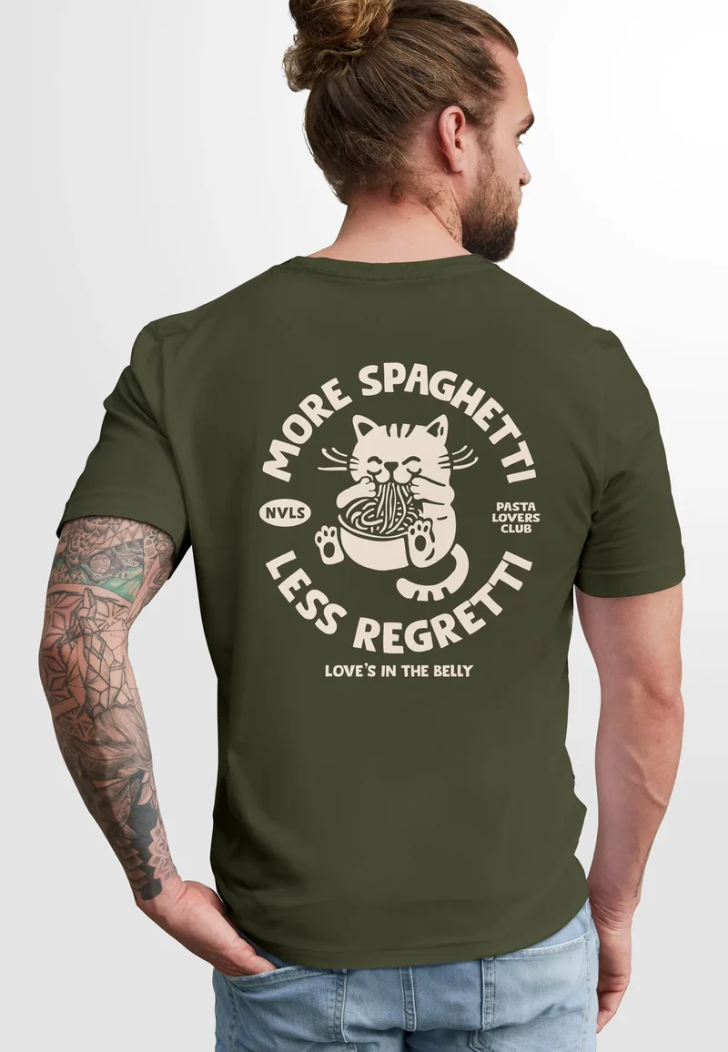 Herren T-Shirt Backprint Katze Rückendruck Brustloge Pasta Lovers Fashion Streetstyle