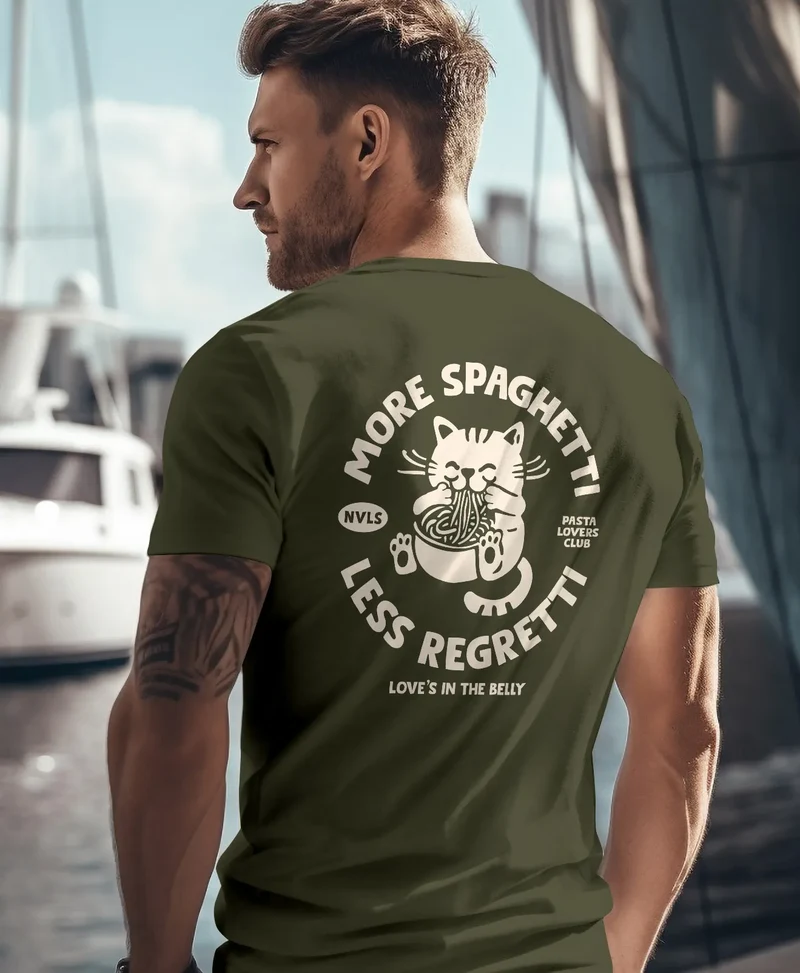 Herren T-Shirt Backprint Katze Rückendruck Brustloge Pasta Lovers Fashion Streetstyle