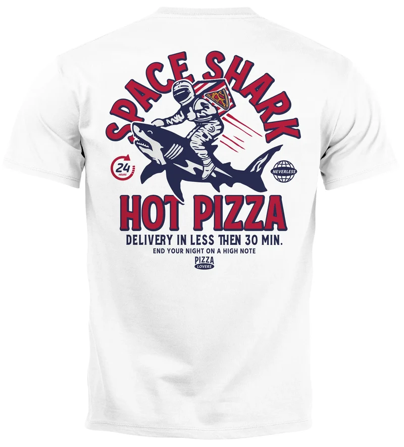 Herren T-Shirt Backprint Rückendruck Schriftzug Hot Pizza Space Shark Astronaut Fashion Streetstyle