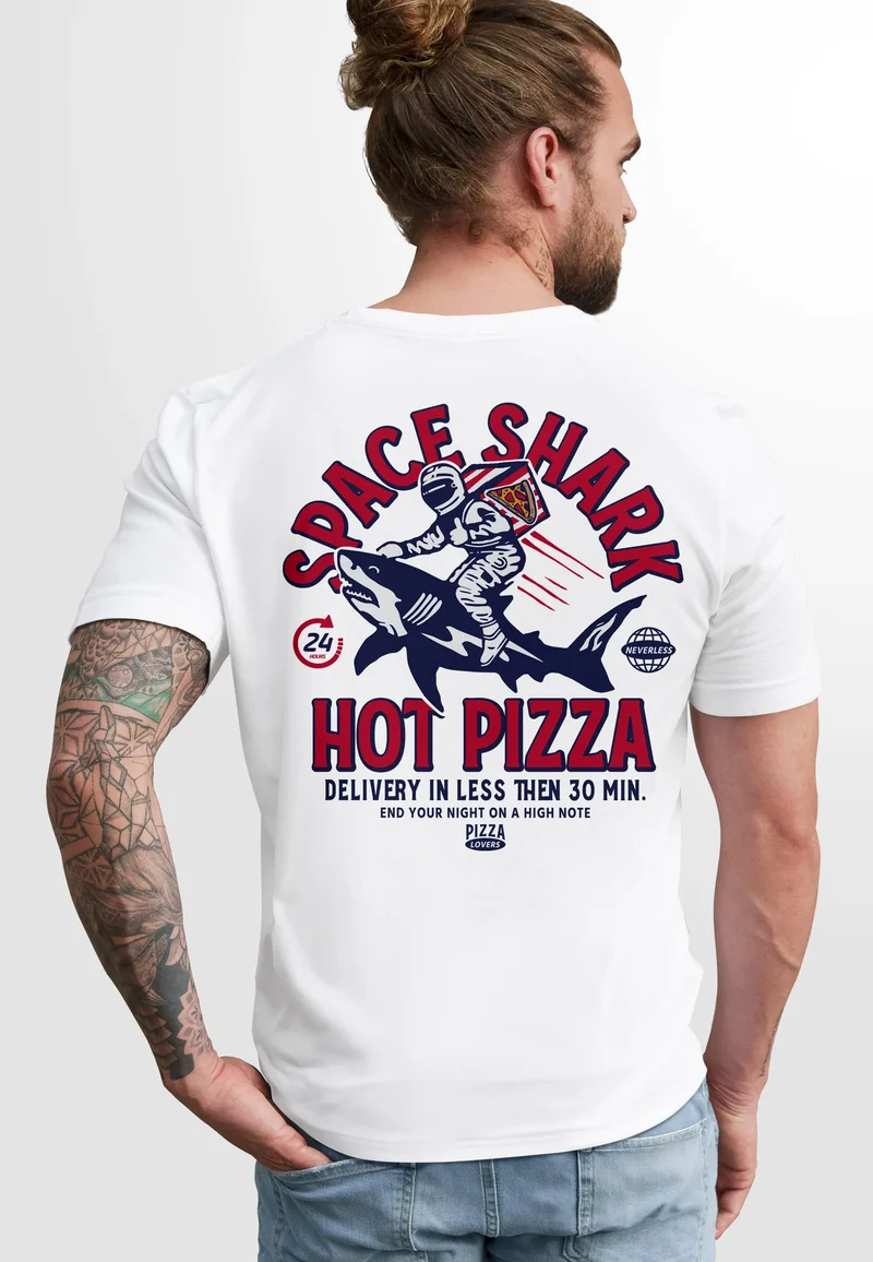 Herren T-Shirt Backprint Rückendruck Schriftzug Hot Pizza Space Shark Astronaut Fashion Streetstyle