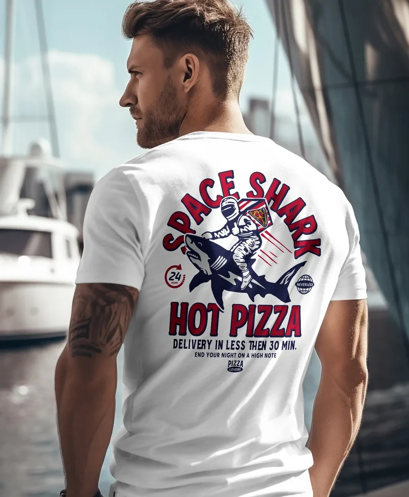 Herren T-Shirt Backprint Rückendruck Schriftzug Hot Pizza Space Shark Astronaut Fashion Streetstyle