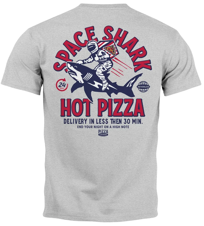 Herren T-Shirt Backprint Rückendruck Schriftzug Hot Pizza Space Shark Astronaut Fashion Streetstyle
