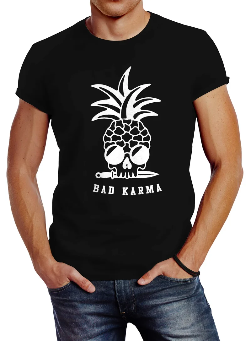 Herren T-Shirt Totenkopf Ananas Bad Karma Sonnenbrille Pineapple Skull Slim Fit