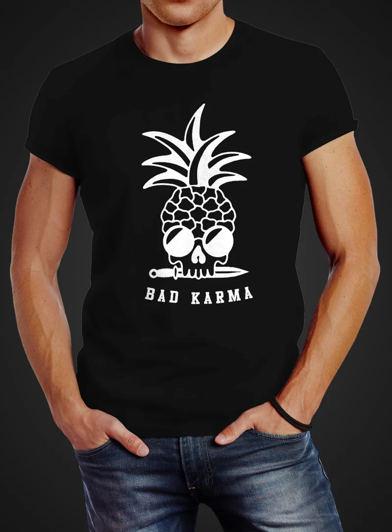 Herren T-Shirt Totenkopf Ananas Bad Karma Sonnenbrille Pineapple Skull Slim Fit