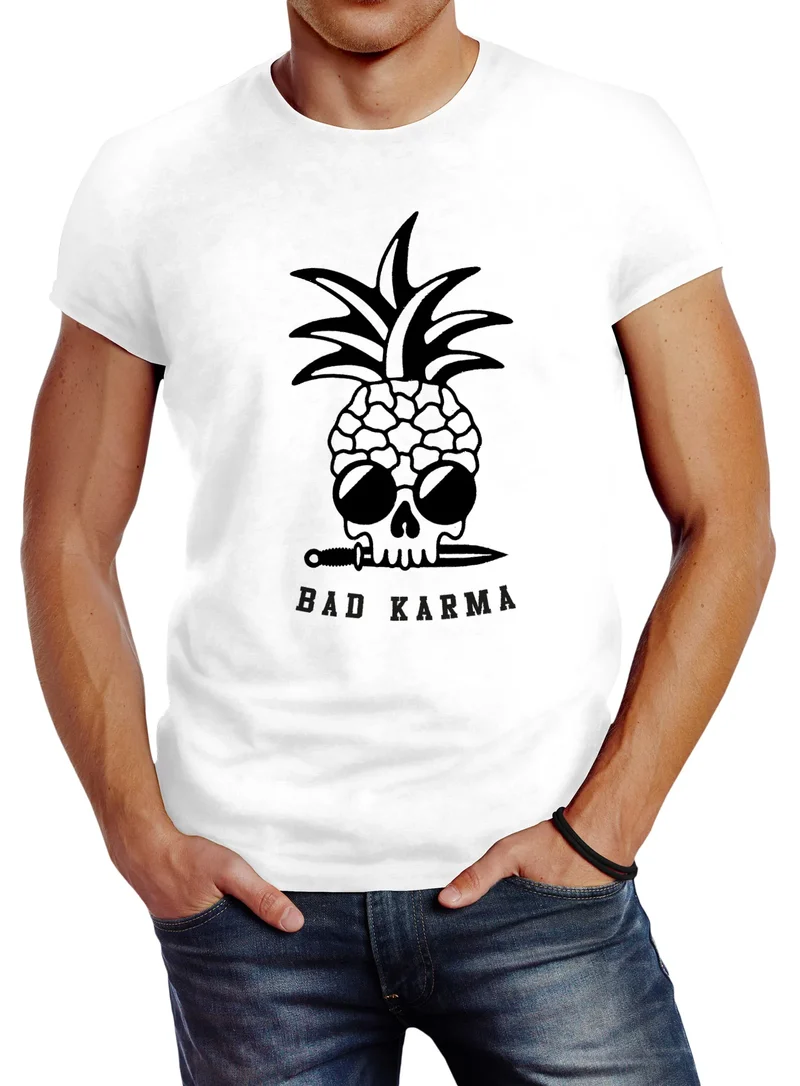 Herren T-Shirt Totenkopf Ananas Bad Karma Sonnenbrille Pineapple Skull Slim Fit