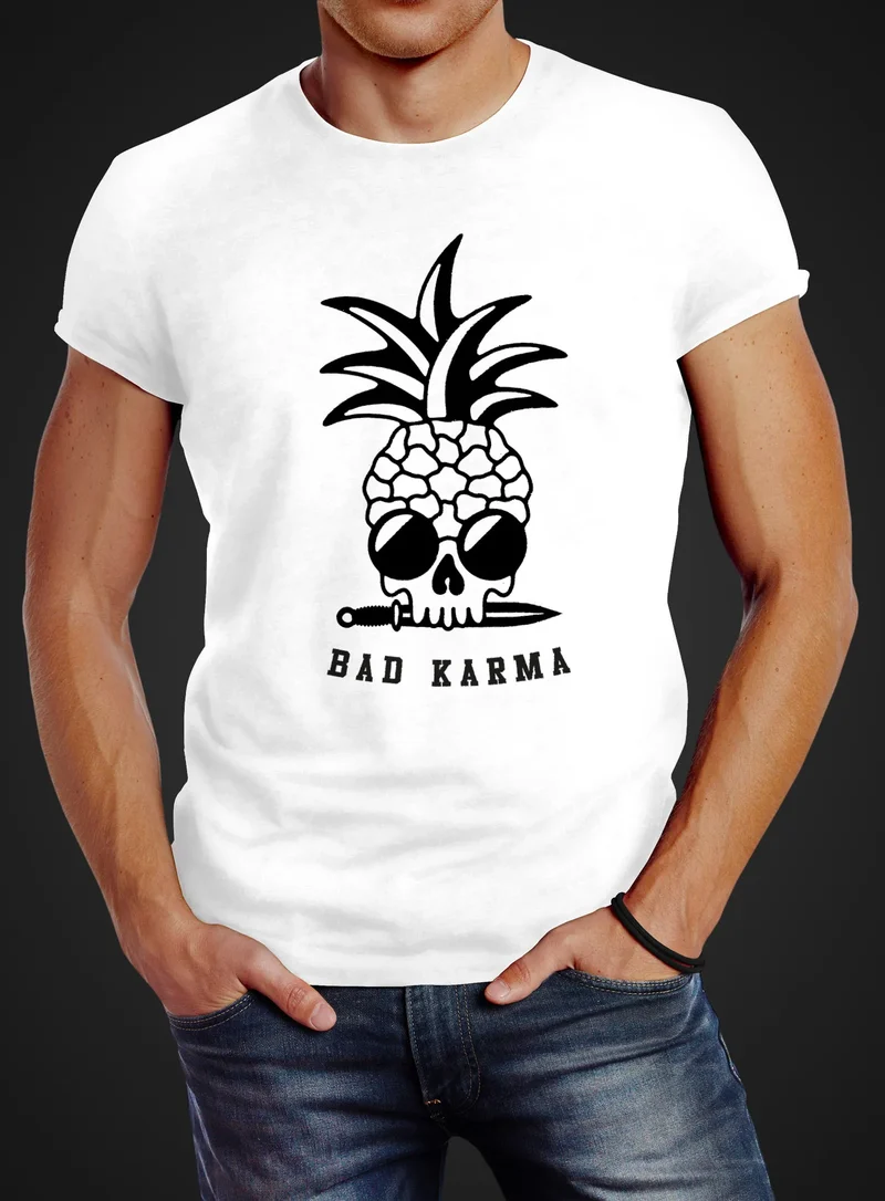 Herren T-Shirt Totenkopf Ananas Bad Karma Sonnenbrille Pineapple Skull Slim Fit