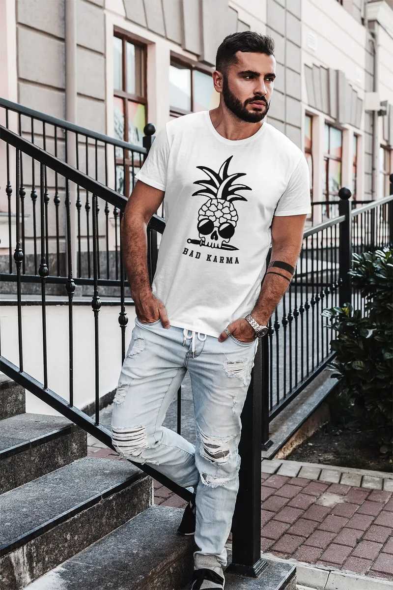 Herren T-Shirt Totenkopf Ananas Bad Karma Sonnenbrille Pineapple Skull Slim Fit